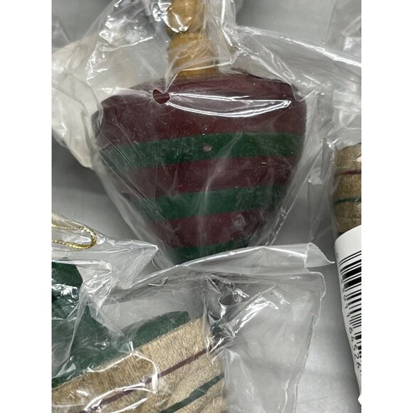 Christmas tree wood top set of 7 ornaments striped green gold 3" red READ NEW - Picture 2 of 7